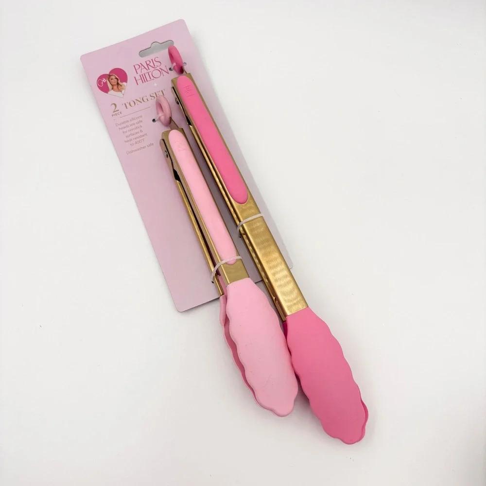 Paris Hilton 2 Piece Tong Set Pink and Gold Silicone Kitchen Utensils New NWT